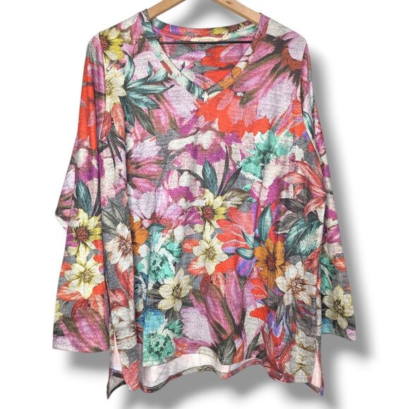 Soft Surroundings Sweater Womens 1X Gray Watercolor Floral Tunic Pullover - Picture 1 of 6